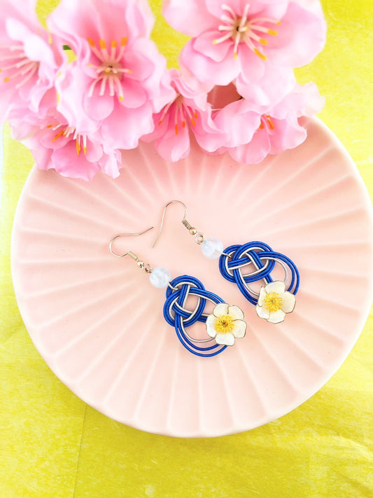 Blue ribbon with White floret Earrings