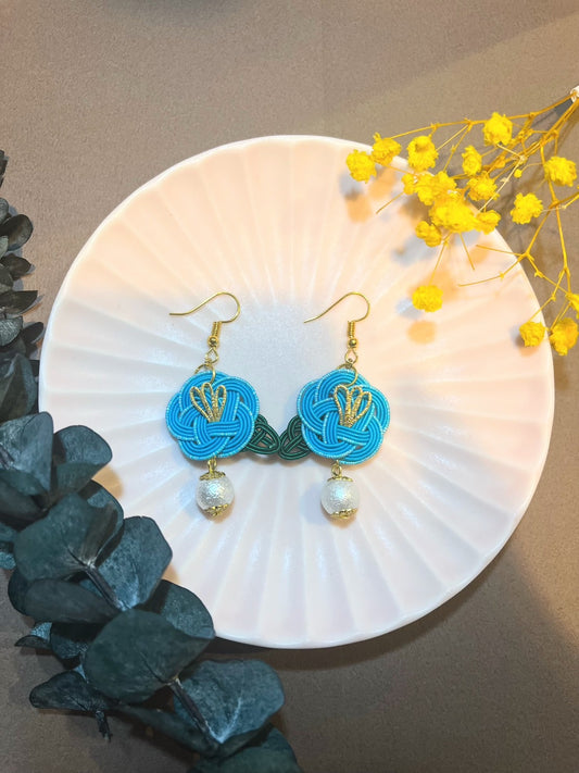 Blue Camellia Flower Earrings