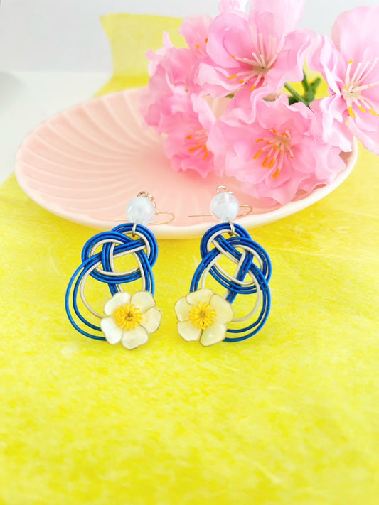 Blue ribbon with White floret Earrings