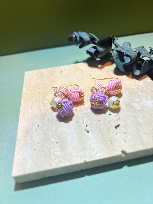 Pink × purple triple ball earrings