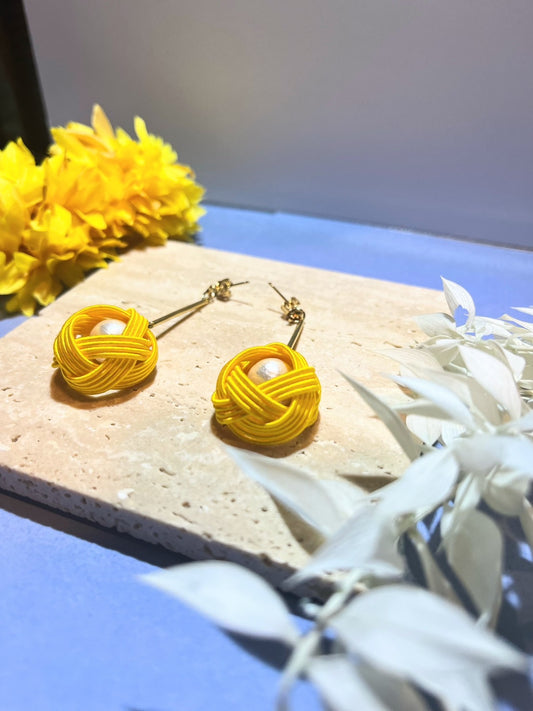 Yellow Cotton Pearl Earrings