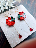 花鳥(kacho) Red×Green kimono flower earrings