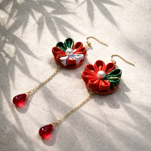 花鳥(kacho) Red×Green kimono flower earrings