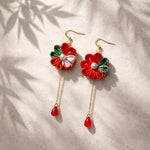 花鳥(kacho) Red×Green kimono flower earrings