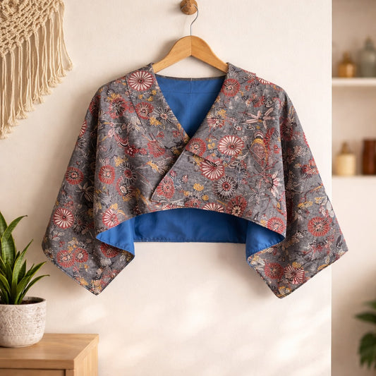 Kimono sleeve short jacket with collar  -Glay×Blue-