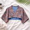 Kimono sleeve short jacket with collar  -Glay×Blue-