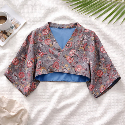 Kimono sleeve short jacket with collar  -Glay×Blue-