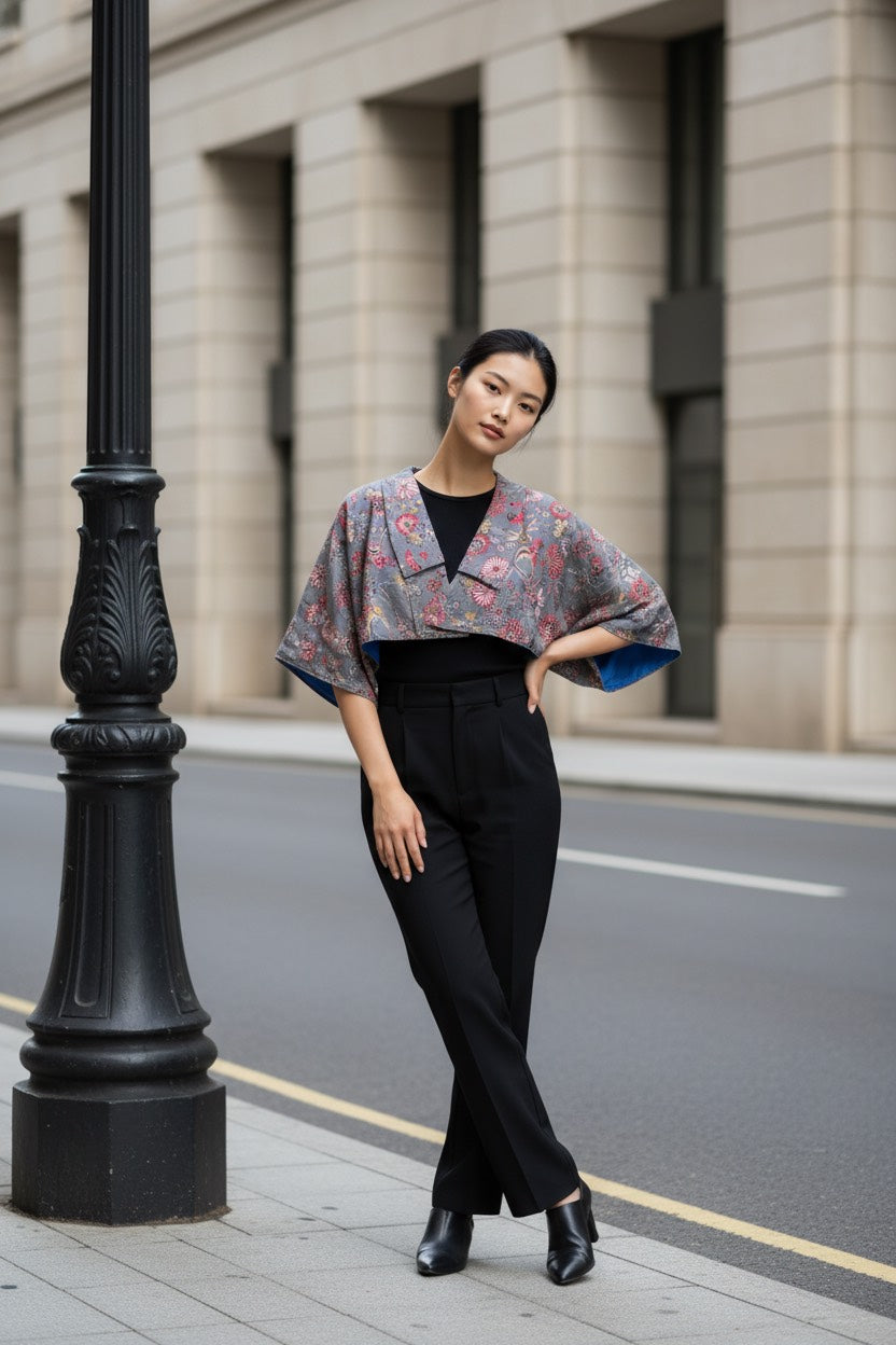 Kimono sleeve short jacket with collar -Glay×Blue- – KIMONO⁺on
