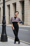 Kimono sleeve short jacket with collar  -Glay×Blue-
