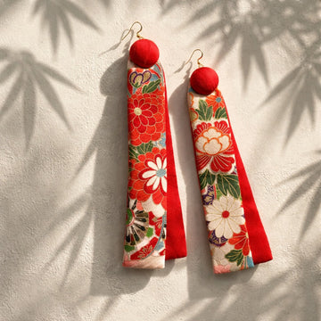 Long-length kimono double-layer earrings （Floral pattern × Red）