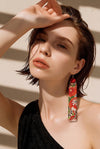 Long-length kimono double-layer earrings （Floral pattern × Red）