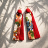 Long-length kimono double-layer earrings （Floral pattern × Red）