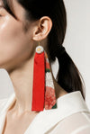 Long-length kimono double-layer earrings （Floral pattern × Red）