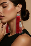 Long-length kimono double-layer earrings （Floral pattern × Red）