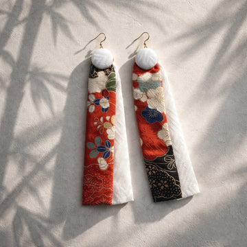 Long-length kimono two-layer earrings（floral pattern × white）
