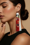 Long-length kimono two-layer earrings（floral pattern × white）