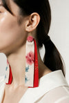 Long-length kimono double-layer earrings（floral pattern white × red）