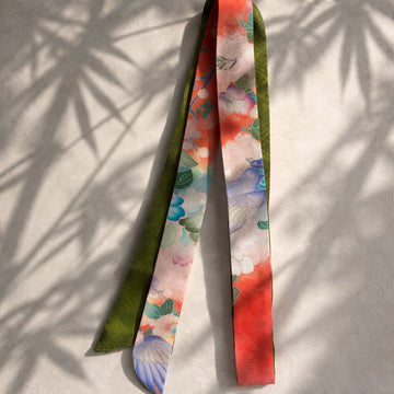 Long-width short kimono scarf（floral pattern orange × green）